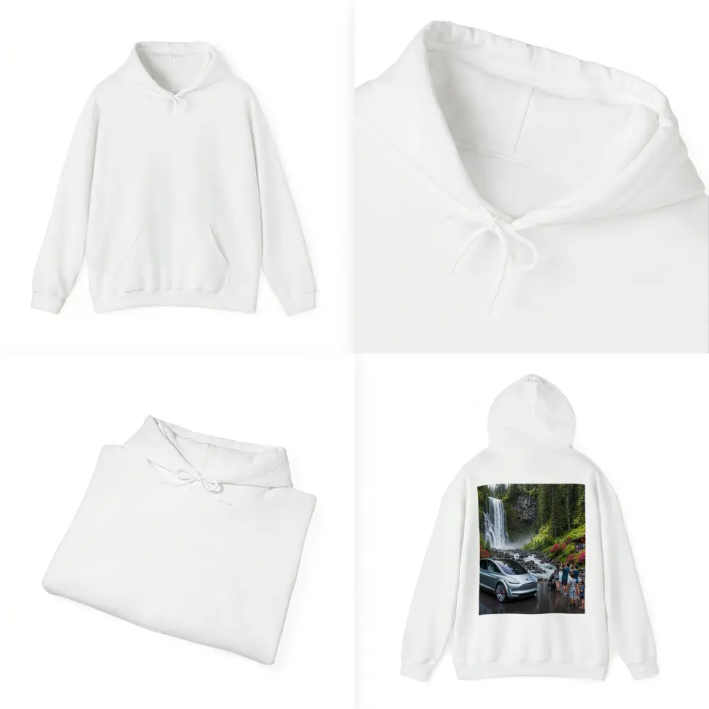 Tesla Model Y Silver At Forest Waterfall – Hoodies