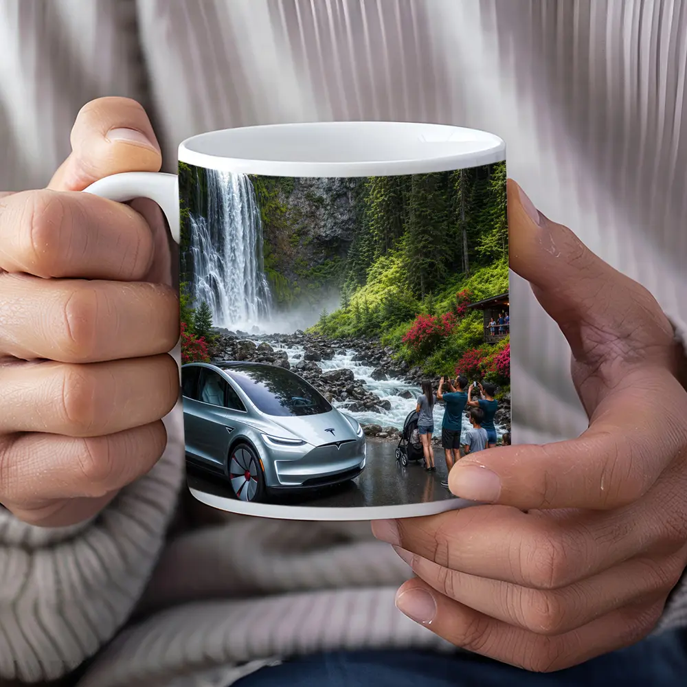 Tesla Model Y Silver At Forest Waterfall – Mugs