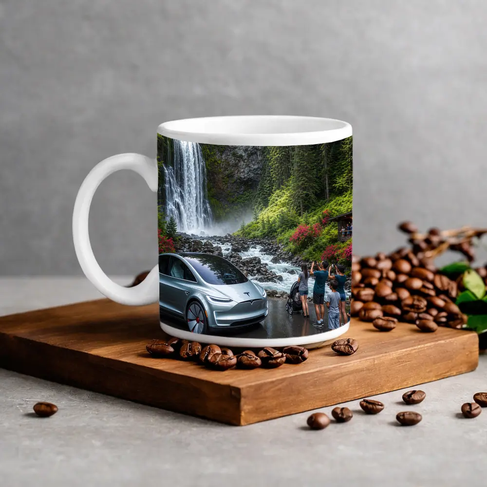 Tesla Model Y Silver At Forest Waterfall – Mugs