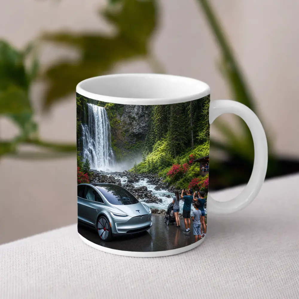 Tesla Model Y Silver At Forest Waterfall – Mugs