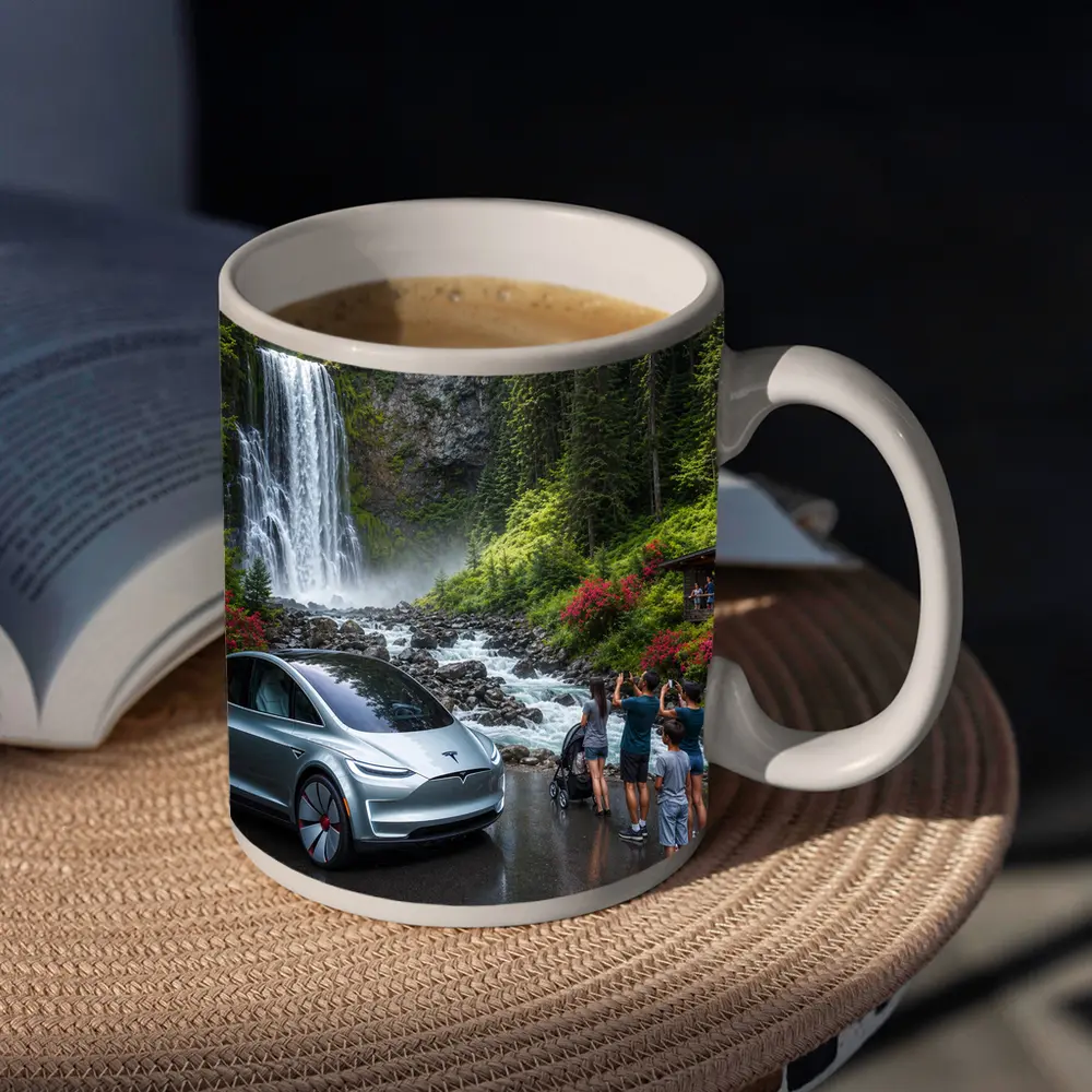Tesla Model Y Silver At Forest Waterfall – Mugs