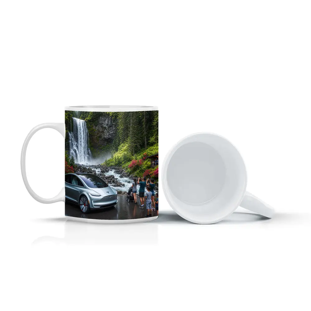 Tesla Model Y Silver At Forest Waterfall – Mugs