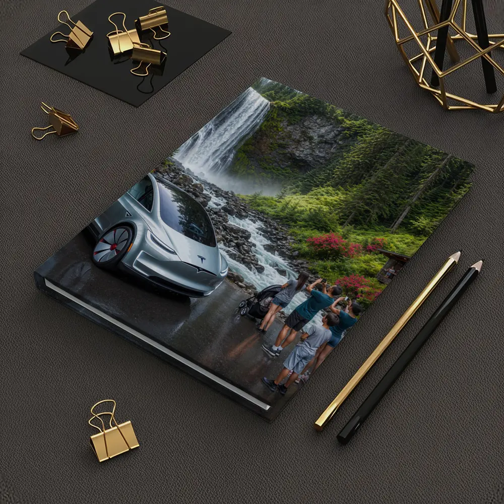Tesla Model Y Silver At Forest Waterfall – Notebooks