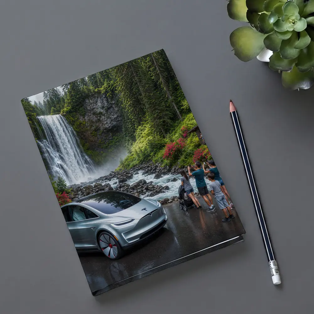 Tesla Model Y Silver At Forest Waterfall – Notebooks