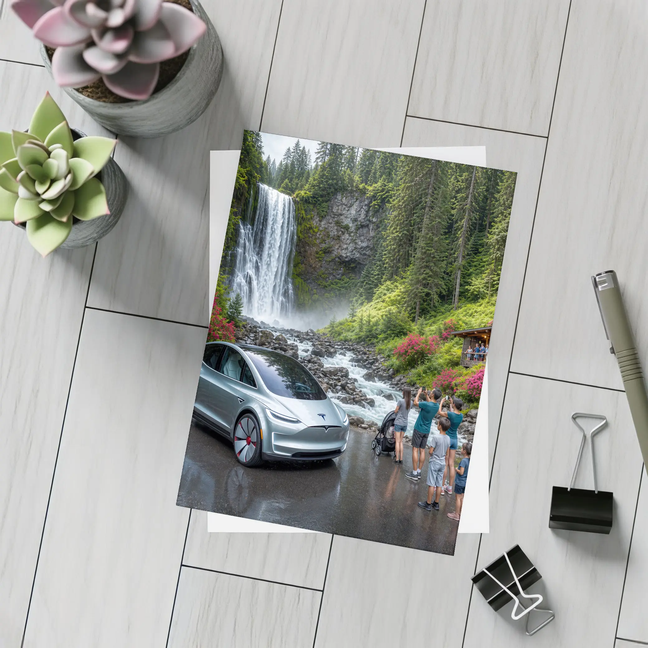 Tesla Model Y Silver At Forest Waterfall – Postcards