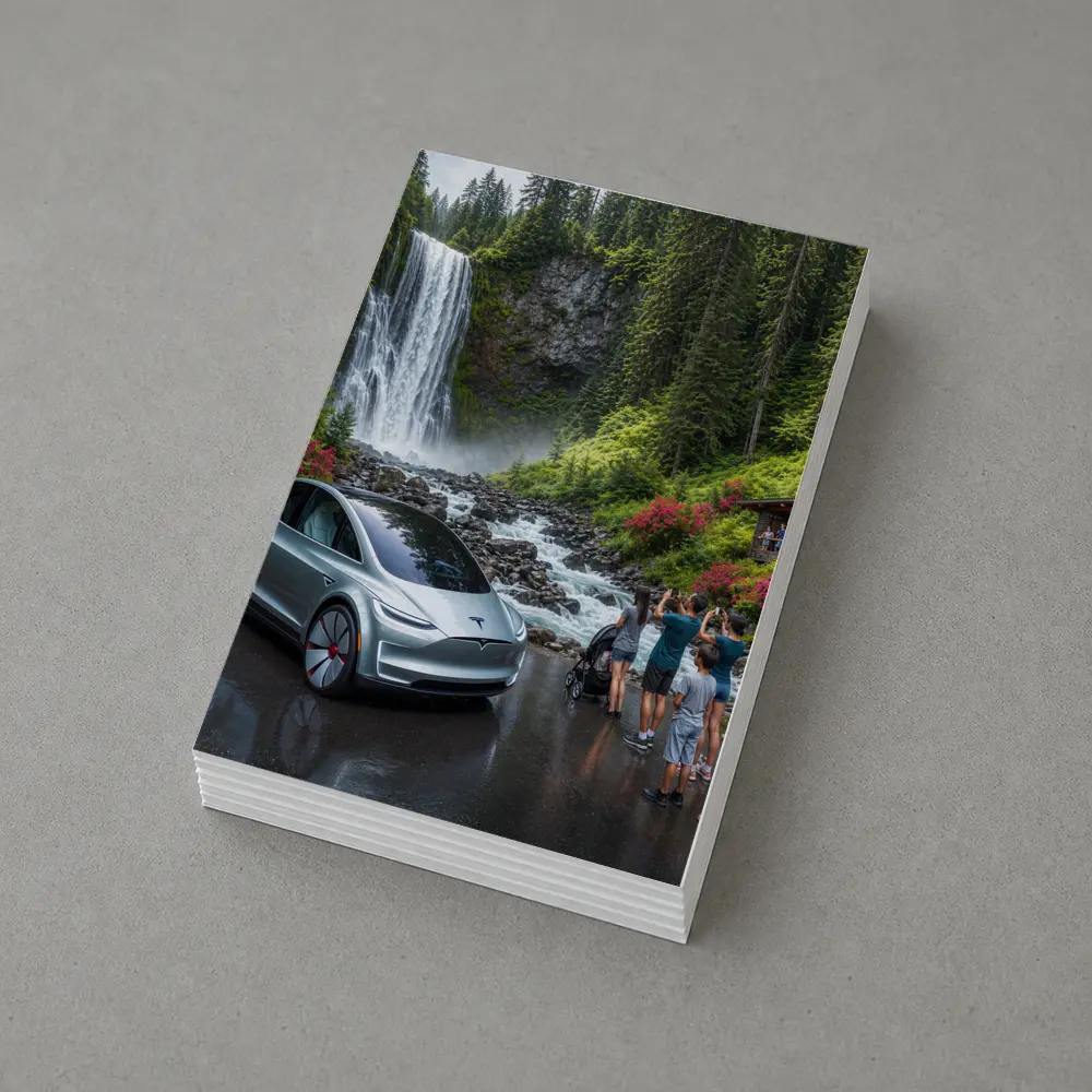 Tesla Model Y Silver At Forest Waterfall – Postcards