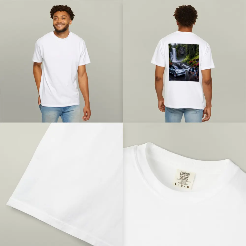 Tesla Model Y Silver At Forest Waterfall – T-Shirts