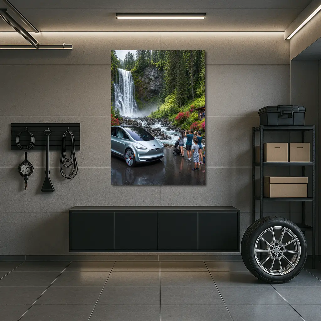 Tesla Model Y Silver At Forest Waterfall – Wall Art