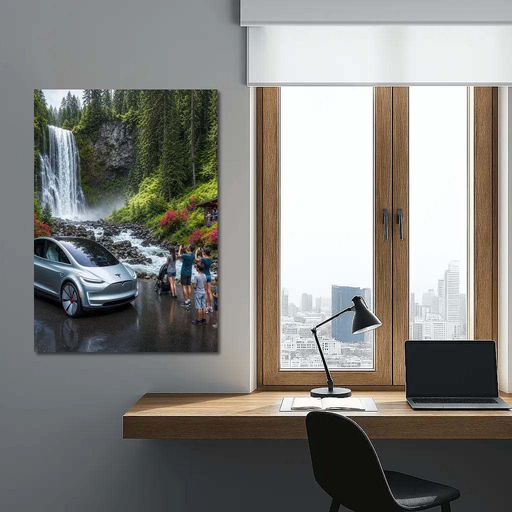 Tesla Model Y Silver At Forest Waterfall – Wall Art
