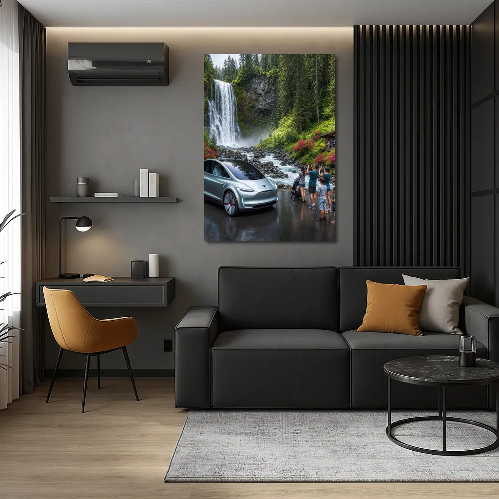 Tesla Model Y Silver At Forest Waterfall – Wall Art