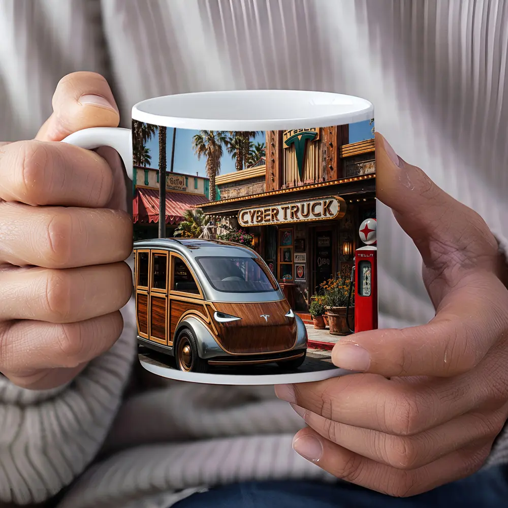Tesla Cybertruck Woody Wagon Retro Diner Setting – Mugs