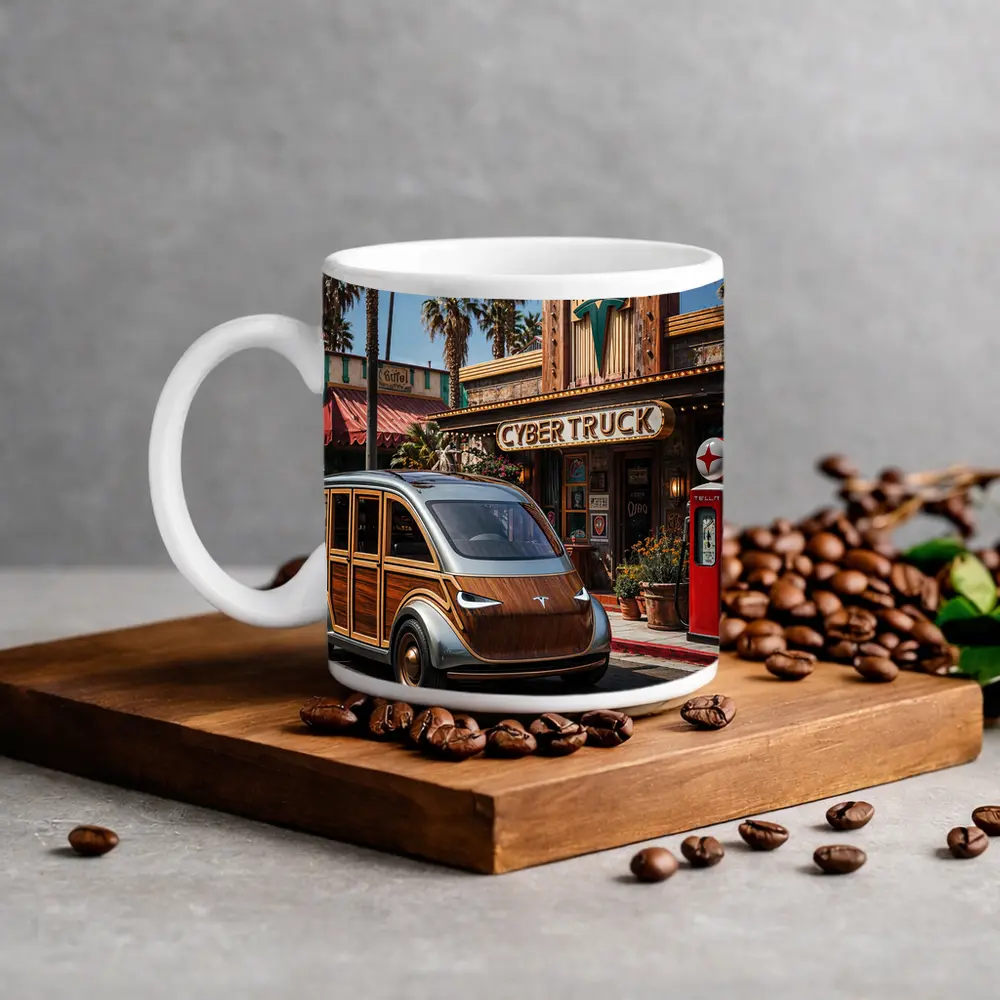 Tesla Cybertruck Woody Wagon Retro Diner Setting – Mugs