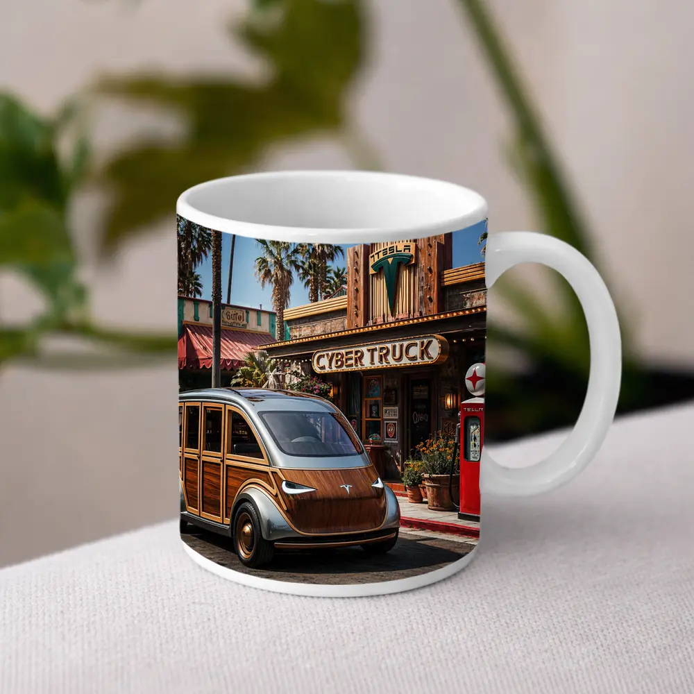 Tesla Cybertruck Woody Wagon Retro Diner Setting – Mugs