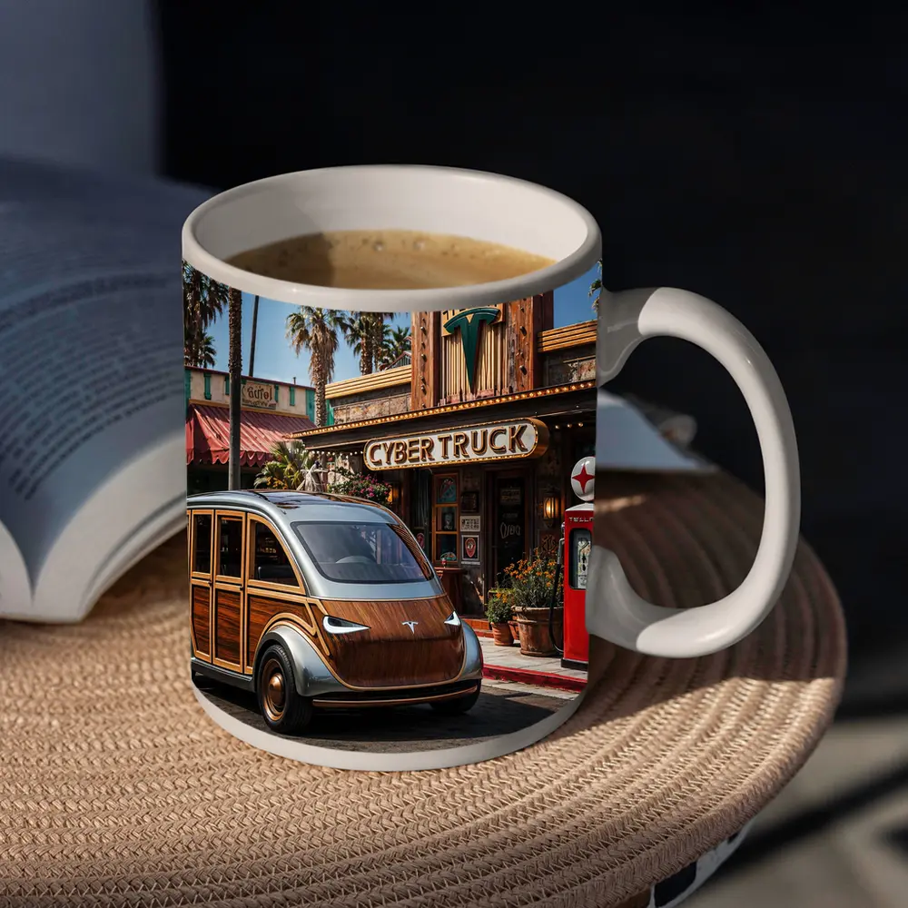 Tesla Cybertruck Woody Wagon Retro Diner Setting – Mugs