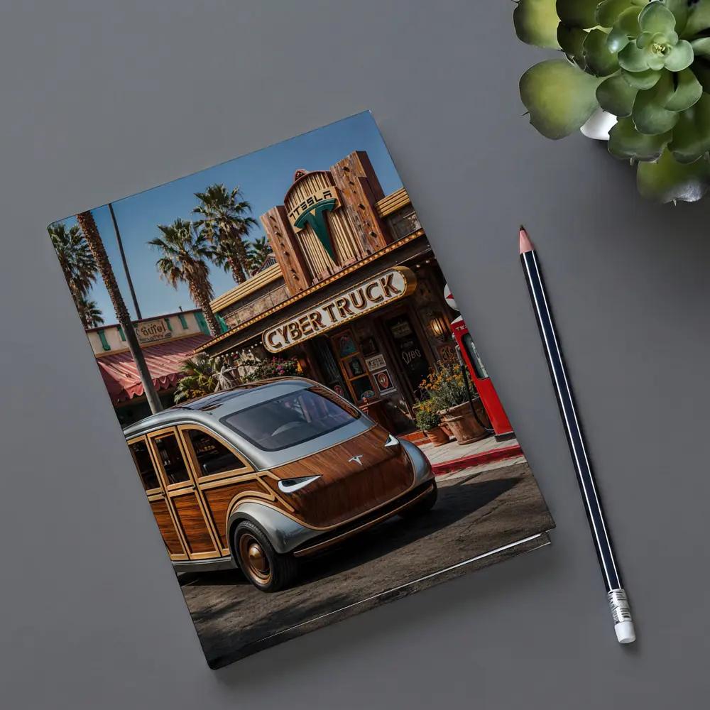 Tesla Cybertruck Woody Wagon Retro Diner Setting – Notebooks