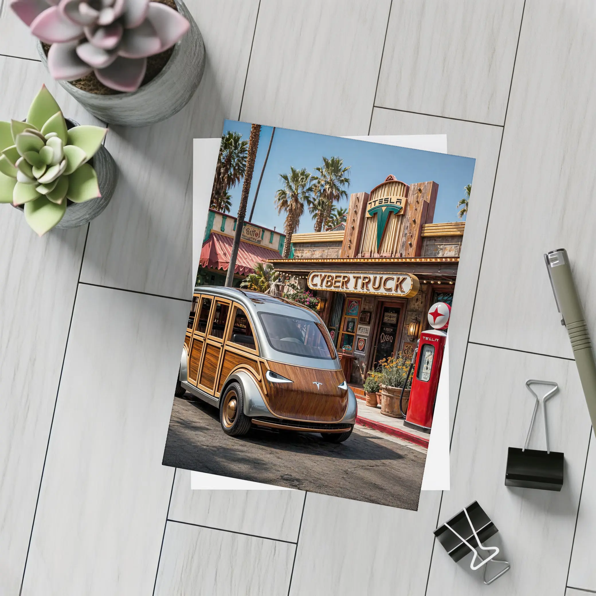 Tesla Cybertruck Woody Wagon Retro Diner Setting – Postcards