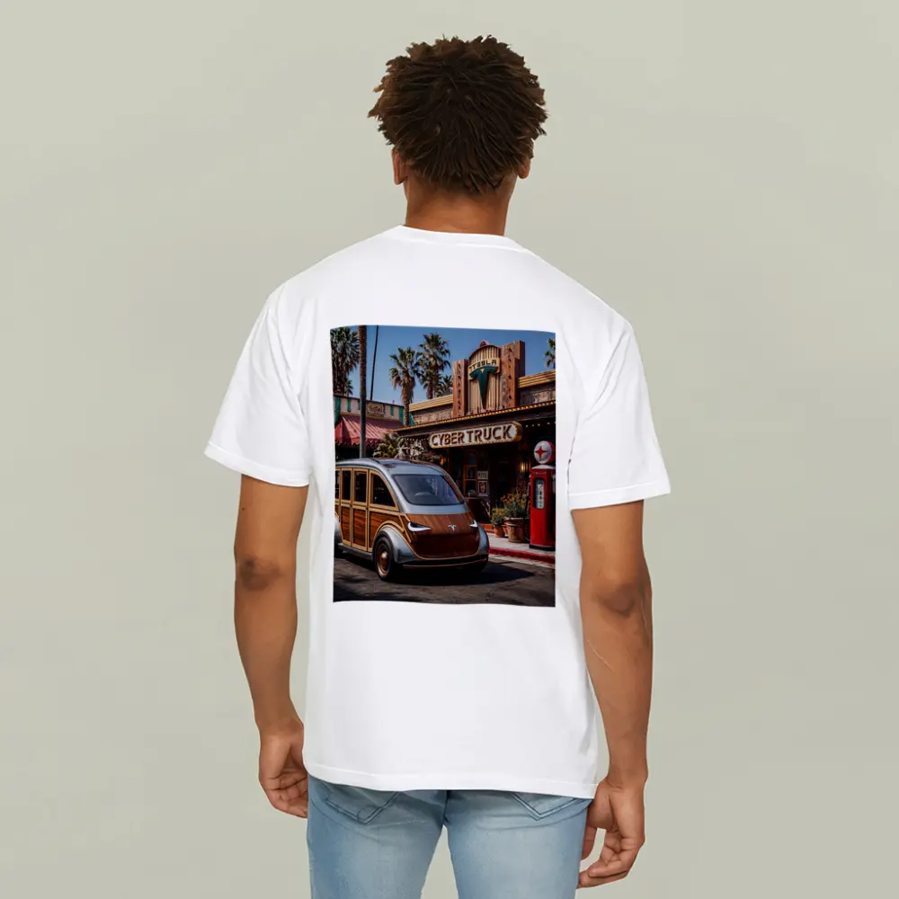 Tesla Cybertruck Woody Wagon Retro Diner Setting – T-Shirts