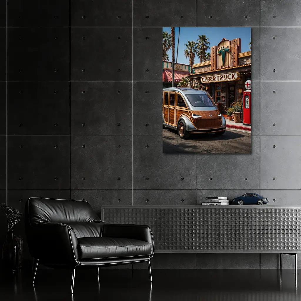 Tesla Cybertruck Woody Wagon Retro Diner Setting – Wall Art