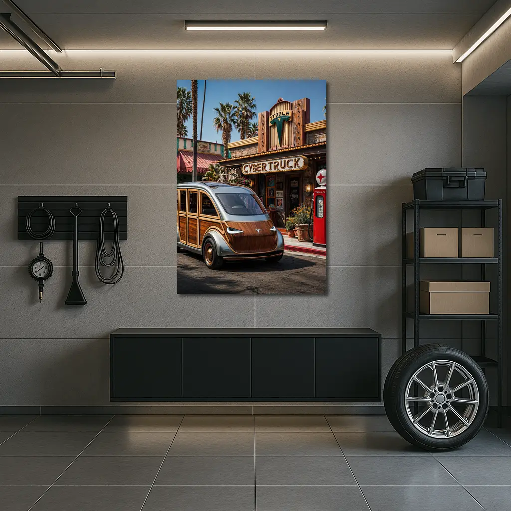 Tesla Cybertruck Woody Wagon Retro Diner Setting – Wall Art