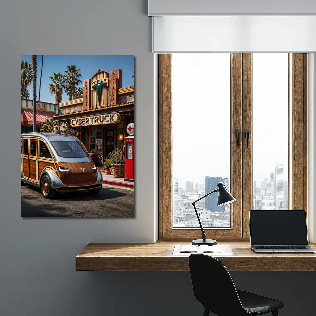 Tesla Cybertruck Woody Wagon Retro Diner Setting – Wall Art