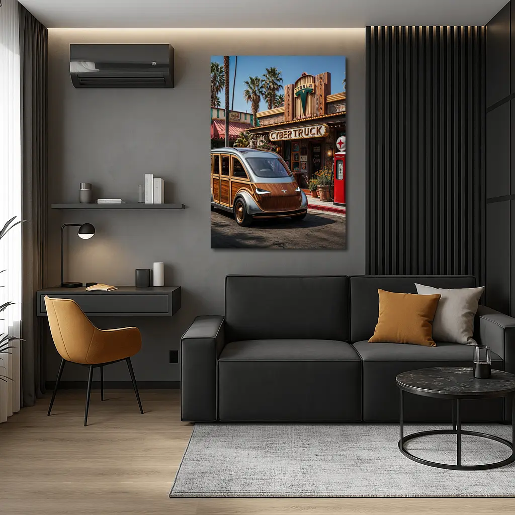 Tesla Cybertruck Woody Wagon Retro Diner Setting – Wall Art