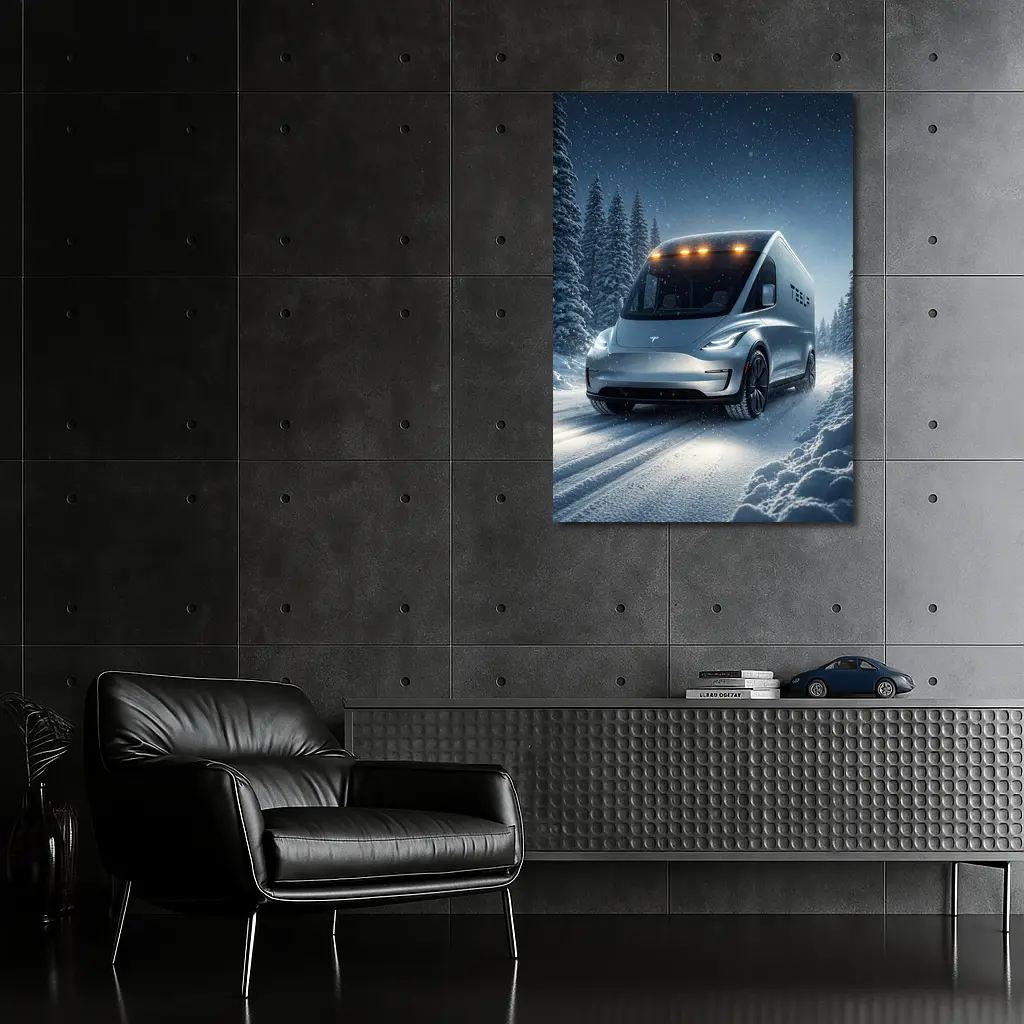 Tesla Semi Truck Snowy Winter Night Drive – Wall Art