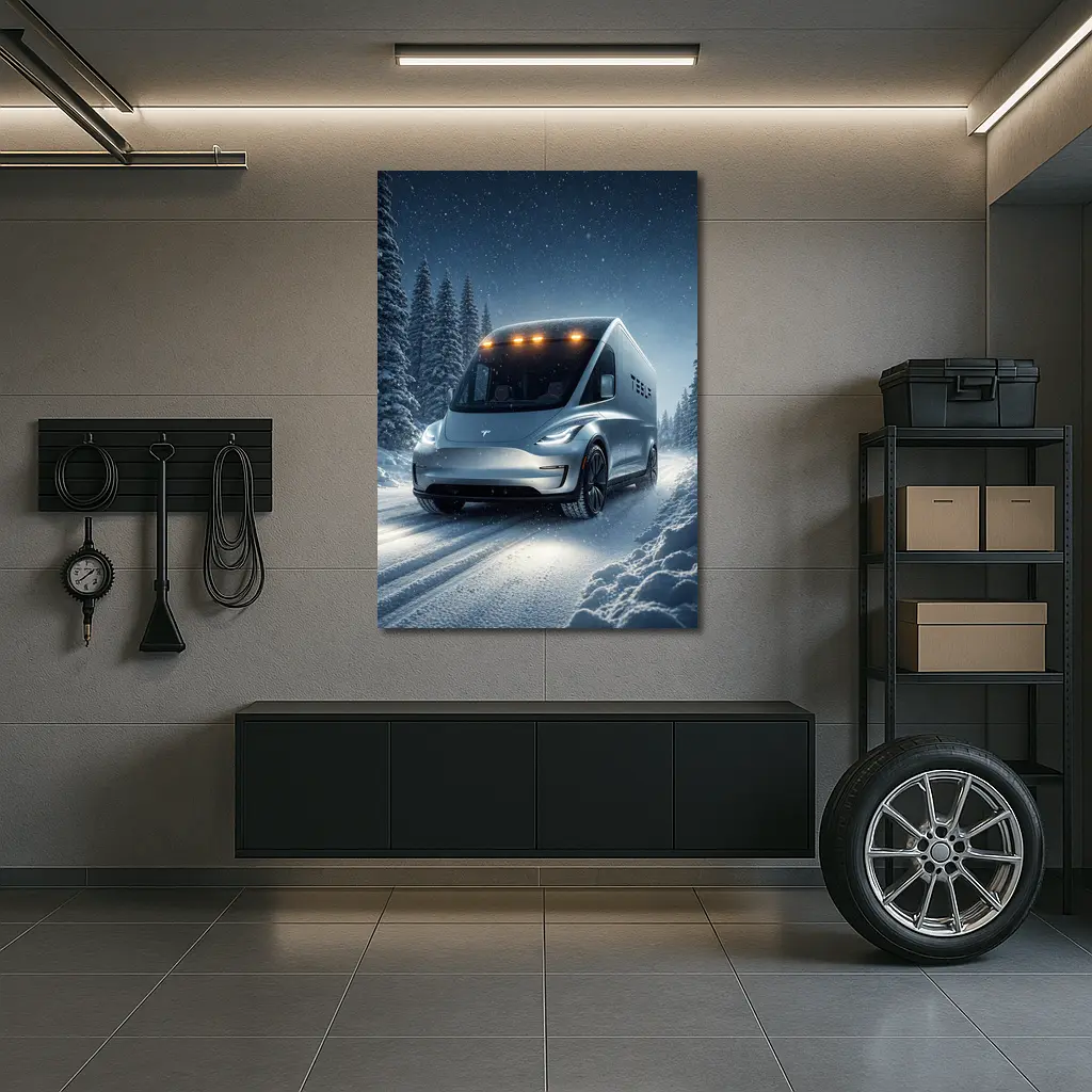 Tesla Semi Truck Snowy Winter Night Drive – Wall Art