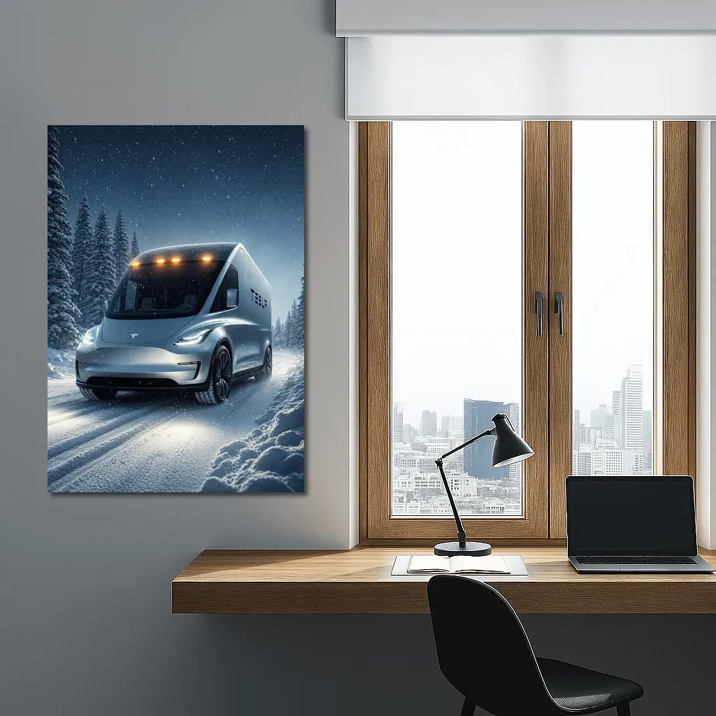 Tesla Semi Truck Snowy Winter Night Drive – Wall Art