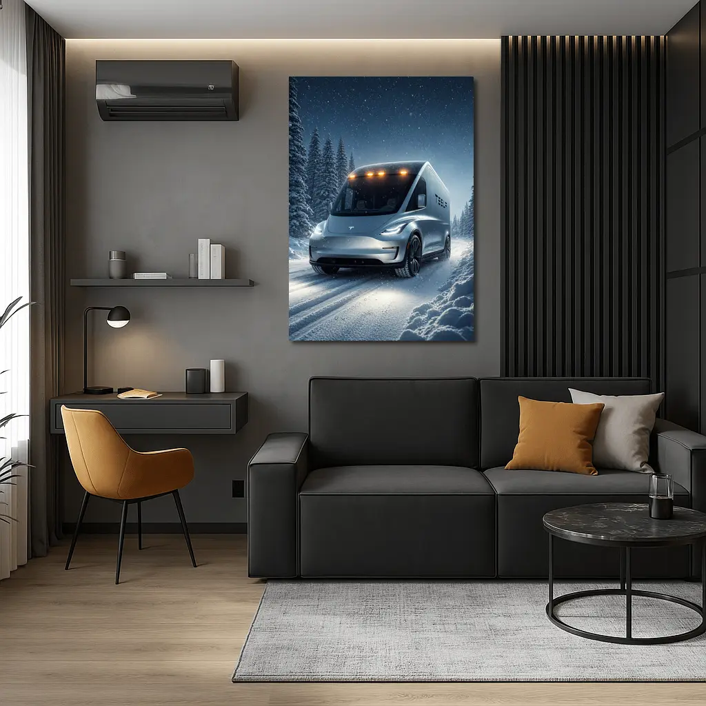Tesla Semi Truck Snowy Winter Night Drive – Wall Art