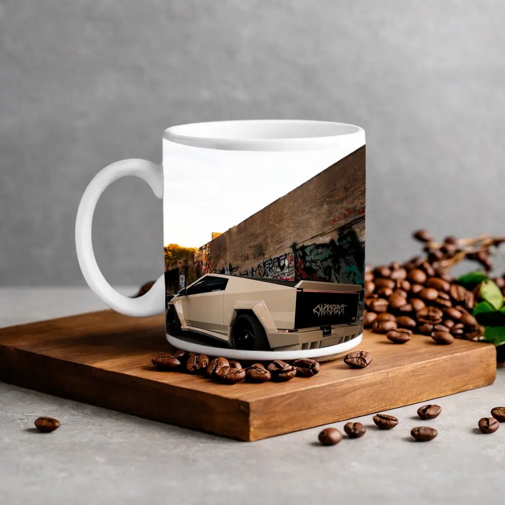 Tesla Cybertruck Beige Wrap Urban Graffiti Street – Mugs