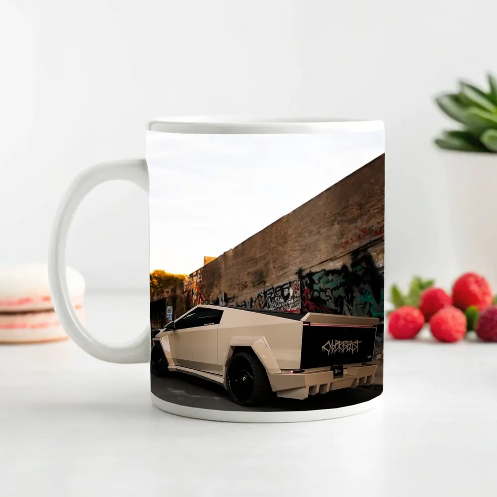 Tesla Cybertruck Beige Wrap Urban Graffiti Street – Mugs