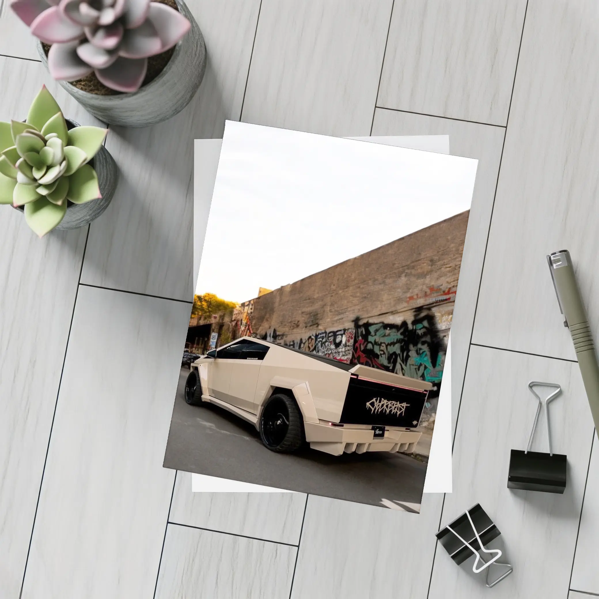Tesla Cybertruck Beige Wrap Urban Graffiti Street – Postcards