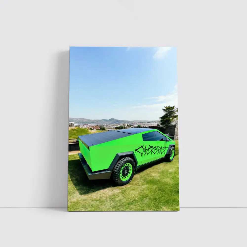 Green Tesla Cybertruck Graffiti City Background – Wall Art