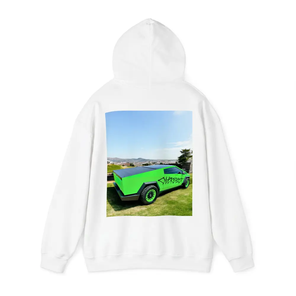 Green Tesla Cybertruck Graffiti City Background – Hoodies