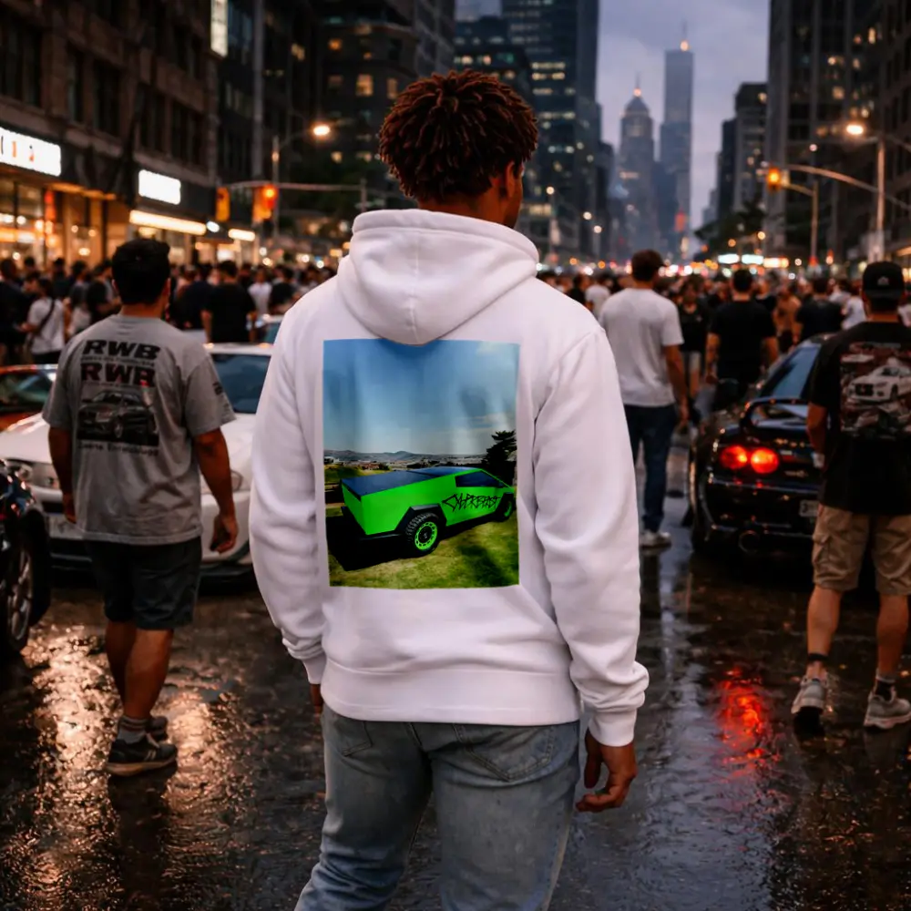 Green Tesla Cybertruck Graffiti City Background – Hoodies