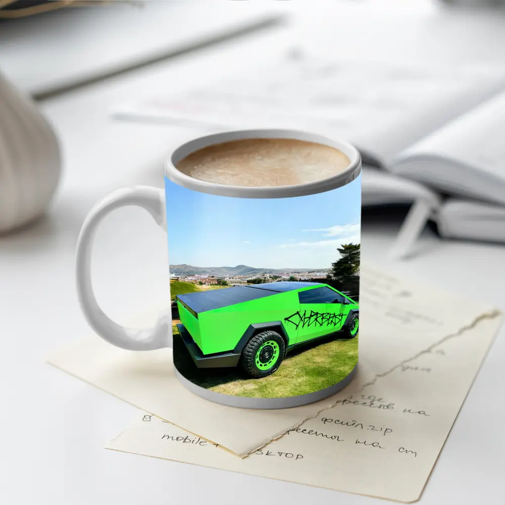 Green Tesla Cybertruck Graffiti City Background – Mugs