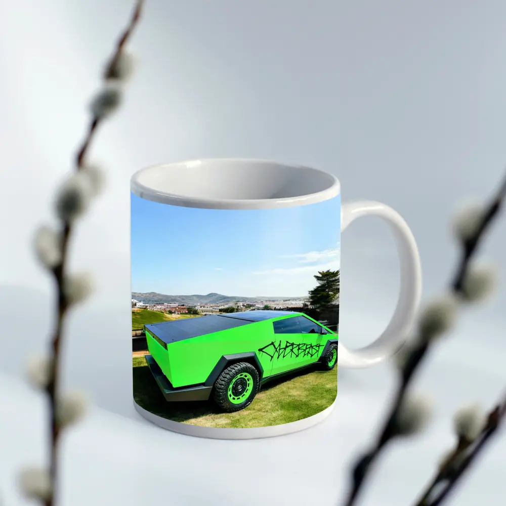 Green Tesla Cybertruck Graffiti City Background – Mugs