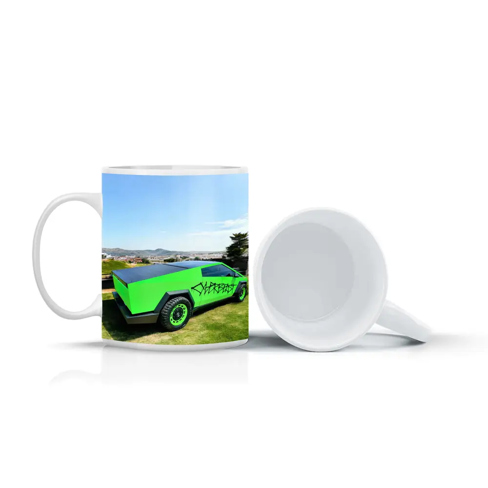 Green Tesla Cybertruck Graffiti City Background – Mugs