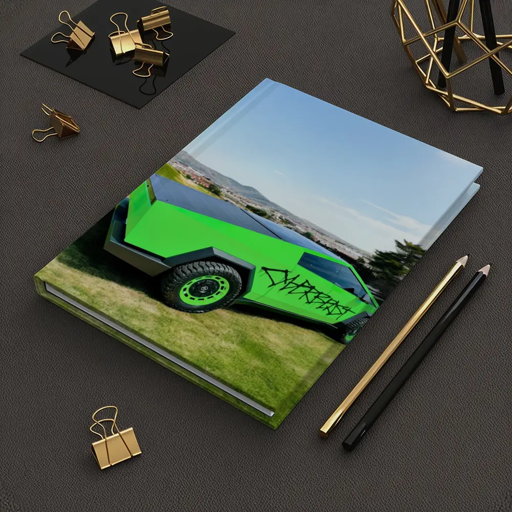 Green Tesla Cybertruck Graffiti City Background – Notebooks