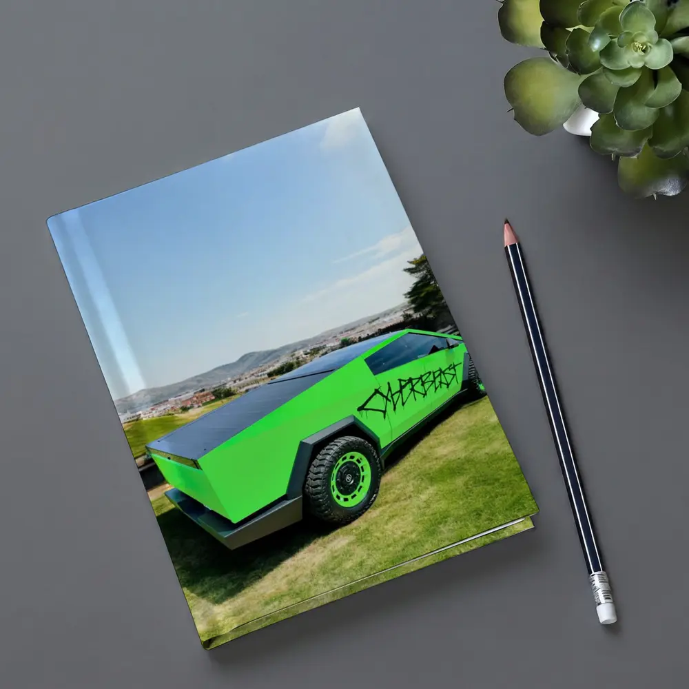 Green Tesla Cybertruck Graffiti City Background – Notebooks