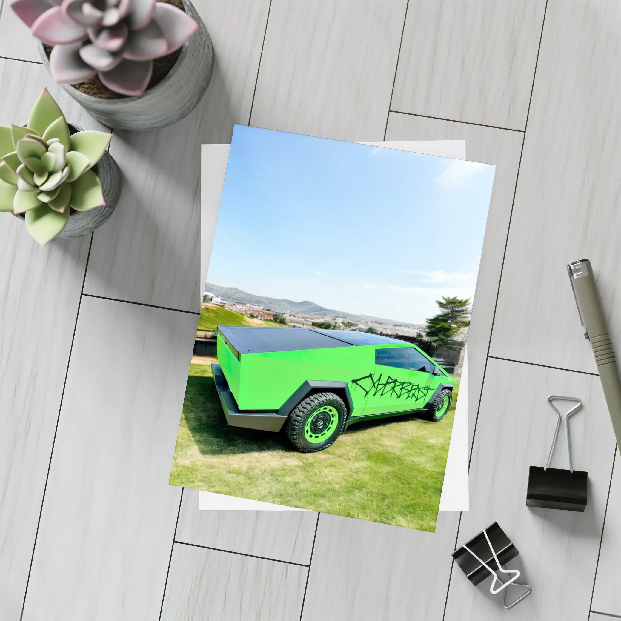 Green Tesla Cybertruck Graffiti City Background – Postcards