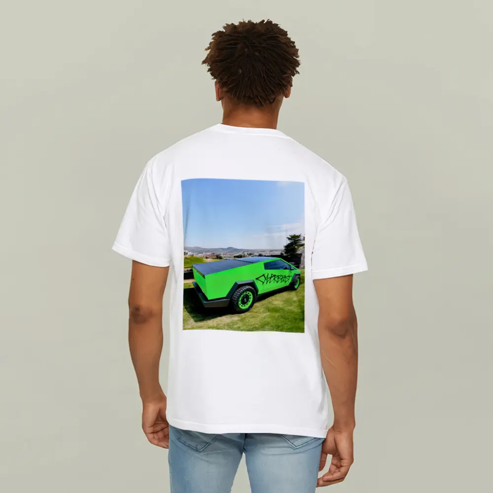 Green Tesla Cybertruck Graffiti City Background – T-Shirts