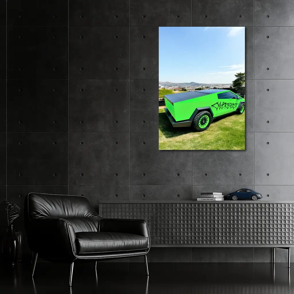 Green Tesla Cybertruck Graffiti City Background – Wall Art