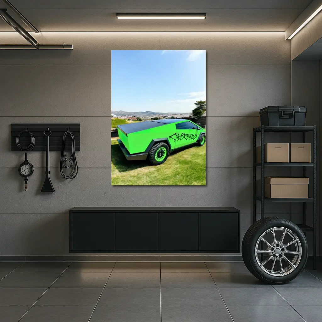 Green Tesla Cybertruck Graffiti City Background – Wall Art