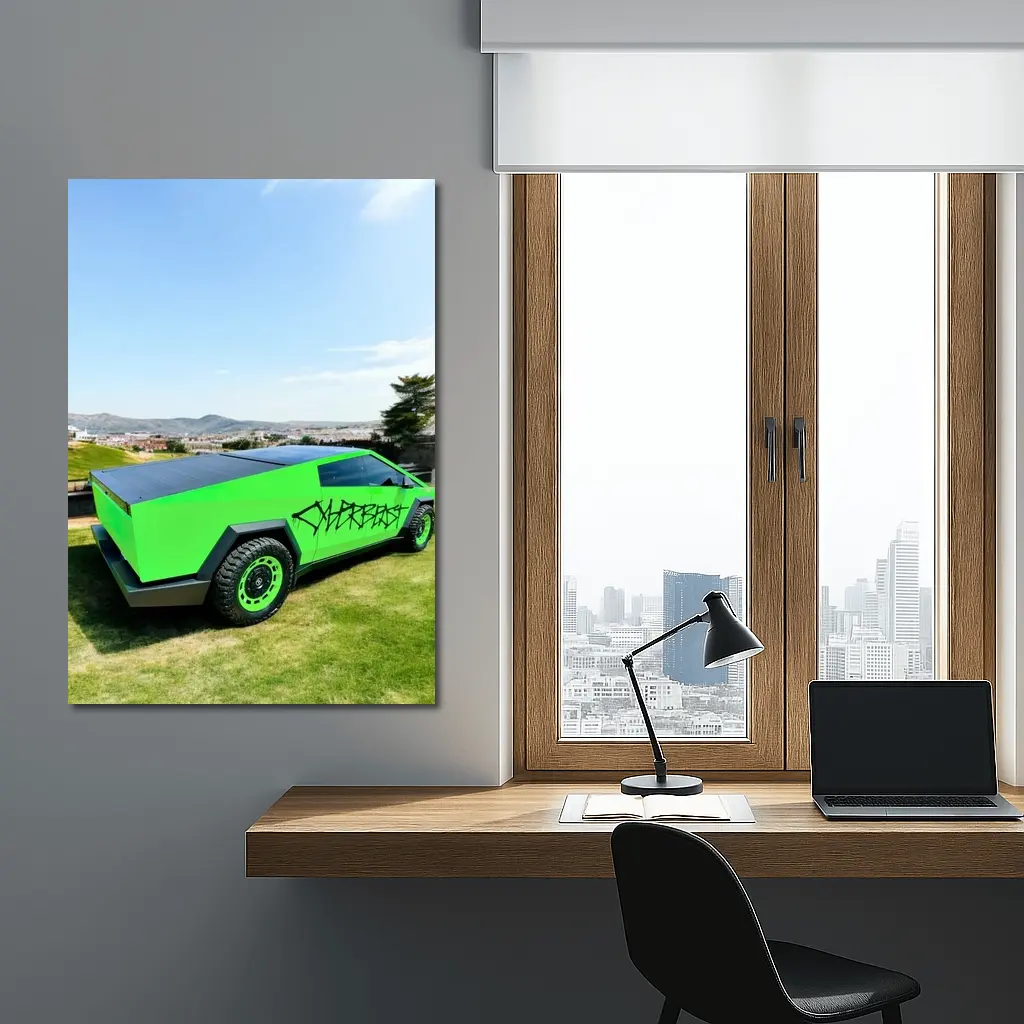 Green Tesla Cybertruck Graffiti City Background – Wall Art