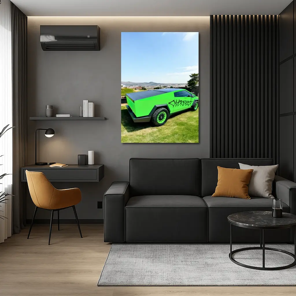 Green Tesla Cybertruck Graffiti City Background – Wall Art