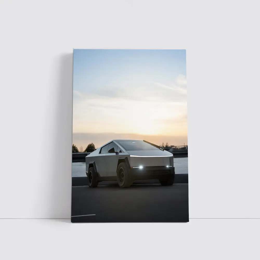Tesla Cybertruck Parked Near River At Sunset – Wall Art