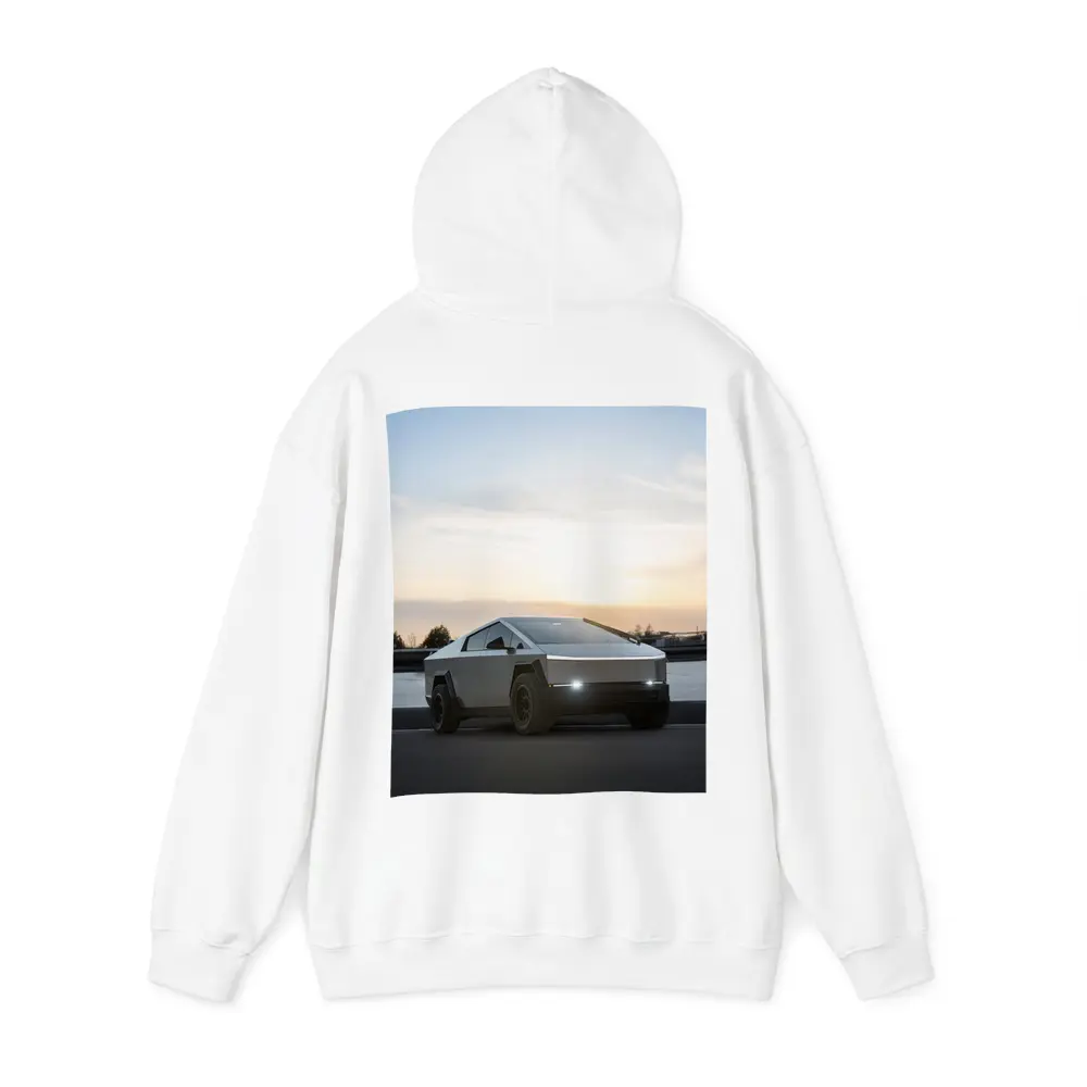 Tesla Cybertruck Parked Near River At Sunset – Hoodies