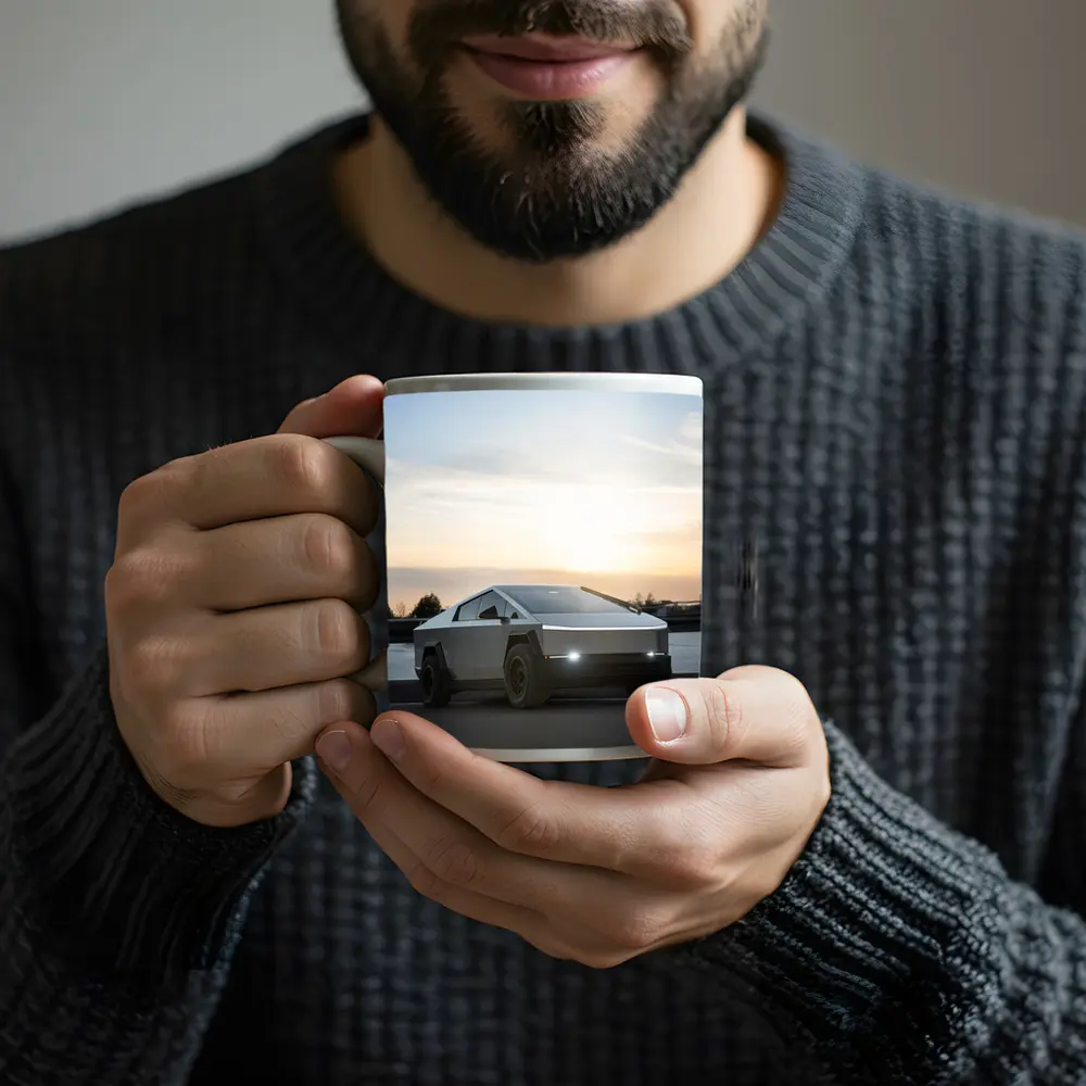 Tesla Cybertruck Parked Near River At Sunset – Mugs