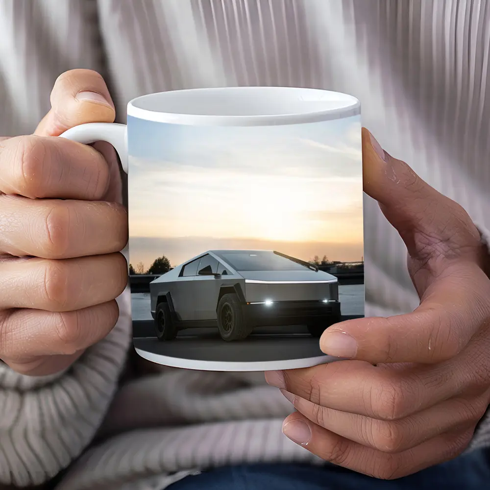 Tesla Cybertruck Parked Near River At Sunset – Mugs